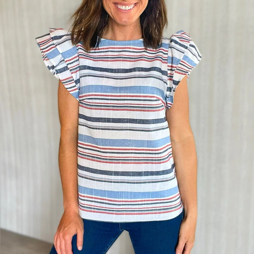 Annie Wear Striped Red White Blue Frill Blouse